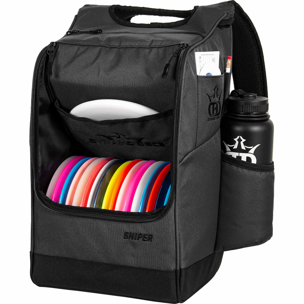 Dynamic Discs Sniper Backpack - Heather Charcoal - Left Open